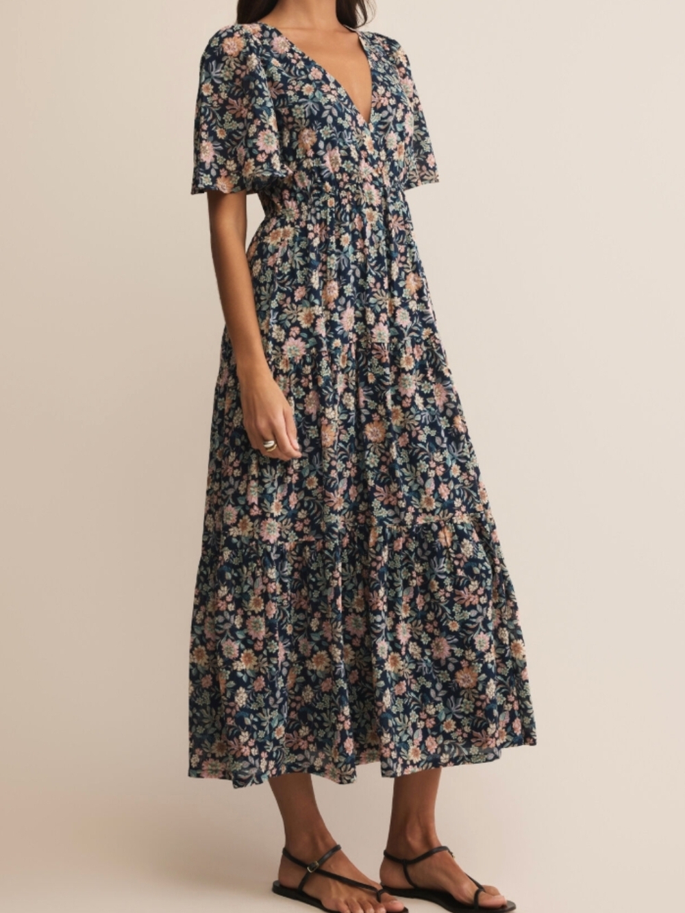 Z Supply Navy Floral V-Neck Tiered Midi Dress